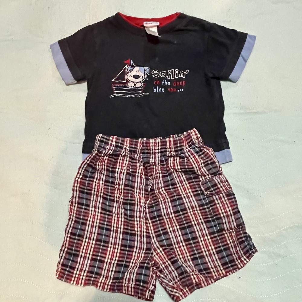 VTG Okie Dokie Boys 2 Piece Set Blue Red Top Shorts Plaid Dog‎ Sailboat 24 Mo